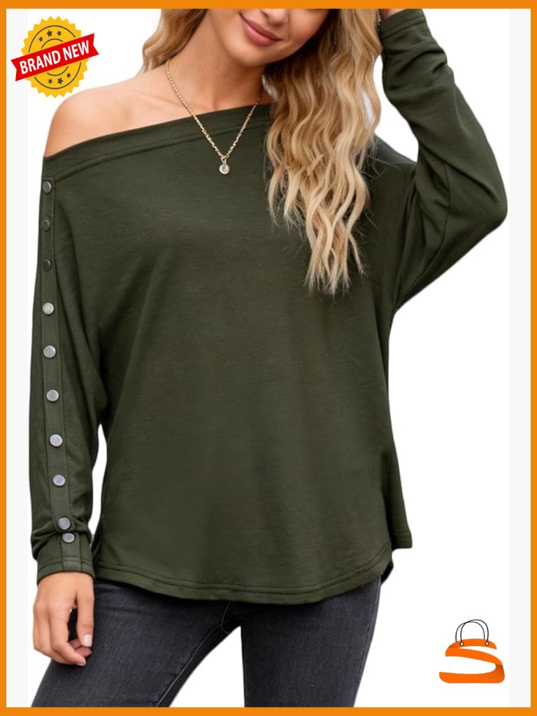 Off Shoulder Long Sleeve Blouse Batwing Button Cuff Loose Fit